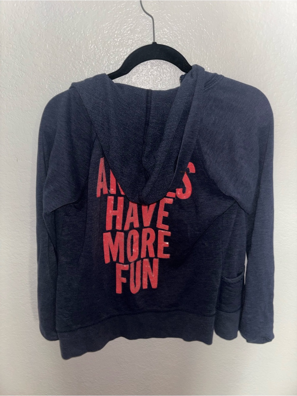Vintage VS Navy Hoodie with Coral Sequin "Angels Have More Fun" Graphic - Picture 3 of 5